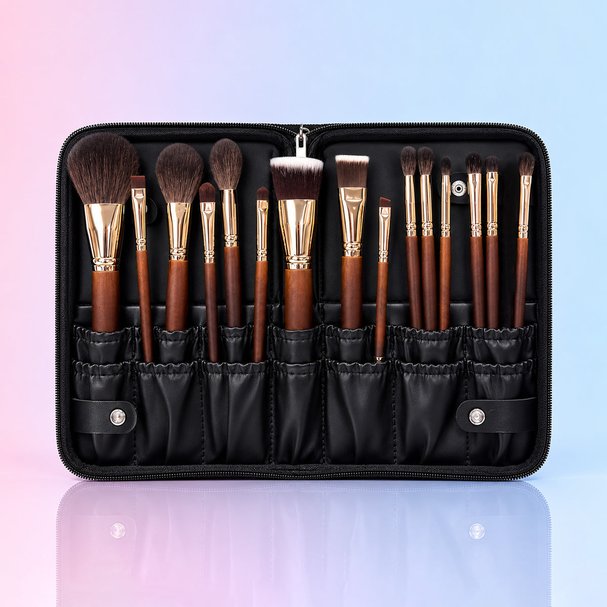 Real Hair Makeup Brush 15-Piece Set with Leather Storage Case